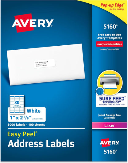 Printable Address Labels, 1" x 2-5/8" Customizable Stickers, White, 3,000 Blank Mailing Labels, Great for Mailing