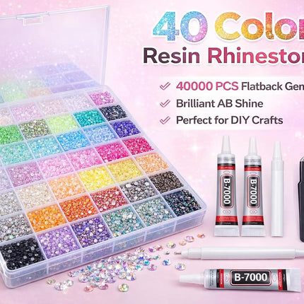 40000Pcs 40 Colors Jelly Resin Rhinestones Kit, 3mm Flatback AB Gems for Bedazzling Crafts, DIY Rhinestone Kit with 3pcs B7000 Glue, Dotting Pen & Tweezers for Clothes, Nails, Shoes, Makeup