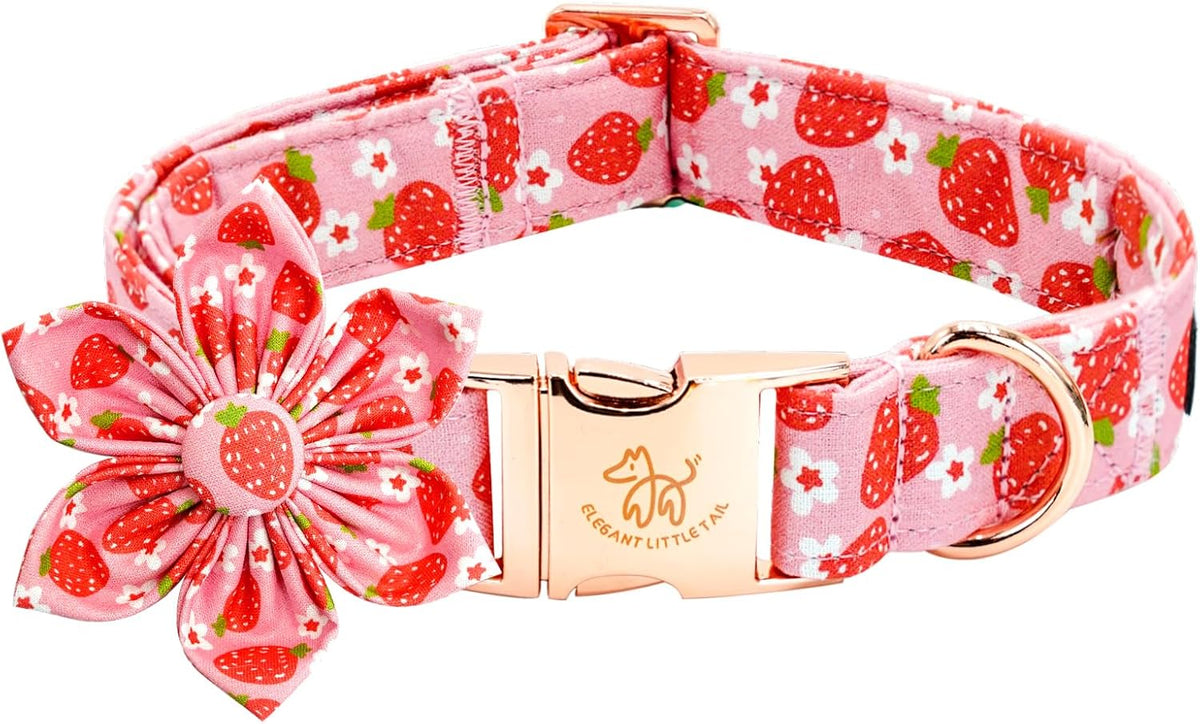Spring Flower Strawberry Print Adjustable Cotton Dog Collar for Small Dogs
