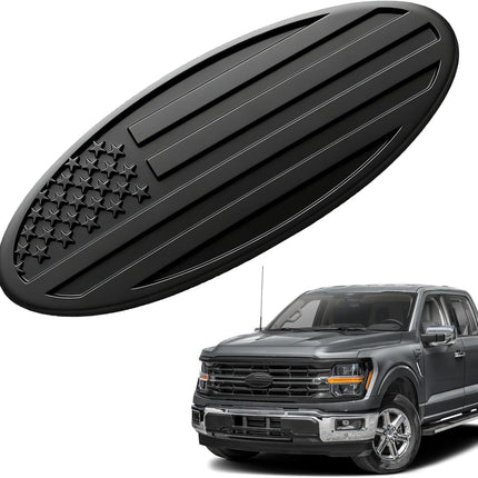 Front Grill Emblem for Ford, 9" Aluminum Front Grille Rear Tailgate Badge American Flag Oval Patriotic Hood Label for Ford F150 F250 F350 Edge Explorer Expedition Mesh Grille Decoration (Black)