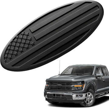 Front Grill Emblem for Ford, 9" Aluminum Front Grille Rear Tailgate Badge American Flag Oval Patriotic Hood Label for Ford F150 F250 F350 Edge Explorer Expedition Mesh Grille Decoration (Black)