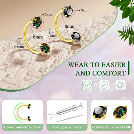 Opal Nose Ring Studs Horseshoe Nose Rings Hoops Stud 316L Stainless Steel Nose Rings Round CZ Square Screw L Shaped Nose Stud Hypoallergenic Nostril Piercing Jewelry for Women Men