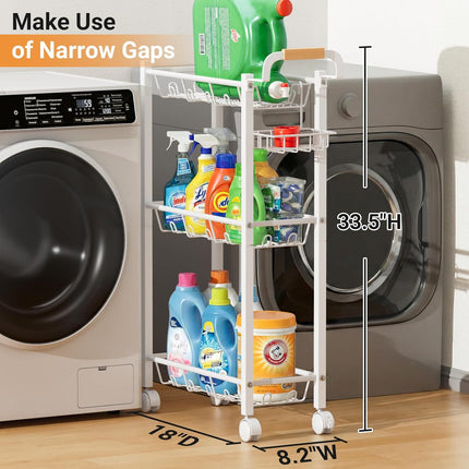 AOODA Laundry Room Cart with Top Detergent Holder, Metal Rolling Storage Cart Between Washer and Dryer, 3 Tier Narrow Laundry Room Organization and Storage with Wheels (White)