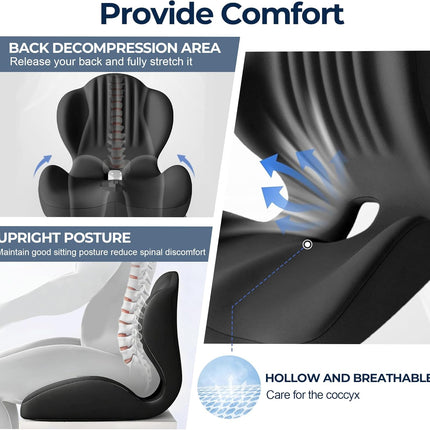 Seat Cushion for Office Chair and Car, L-Shaped Ergonomic Seat Cushions,Memory Foam Orthopedic Cushion with Coccyx Hollow,Lumbar Support & Tailbone Pain Relief for Car, Truck, Home,Gaming Chair,Black