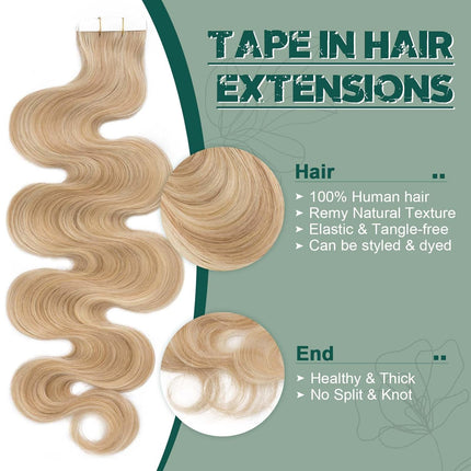 Benehair Remy Tape in Hair Extensions Human Hair Ash Blonde&Bleach Blonde Seamless Skin Weft Tape in Real Human Hair Extensions Wavy Hair 22 Inch 50g #18P613 20 pcs