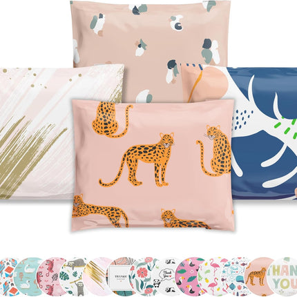 Poly Mailers 12.5x15 50 Pack | Self-Sealing Shipping Bags Envelopes for Small Business | Waterproof Durable Packaging | Variety Sample Pack | Thank You Floral Animal Cat Gold | à la mode Mailers