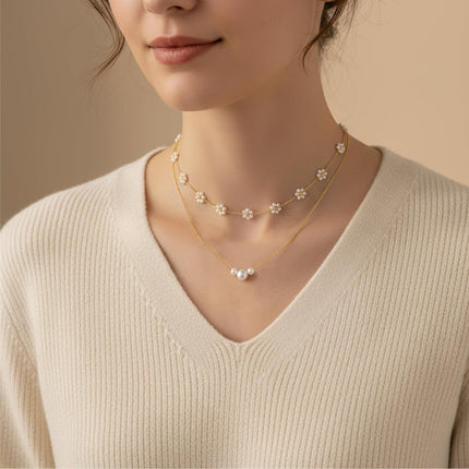 SmileBelle Pearl Necklaces, Daisy Pearls Choker for Women's Pearl Strand Necklaces as Silver and Gold Choker for Teens, Silver Daisy Birthday Gifts 3 Pearls White Necklace as Prom Bridesmaid gifts