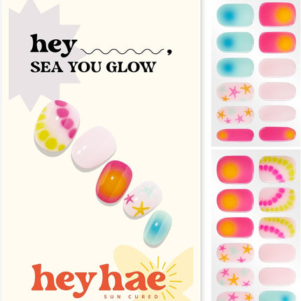 Heyhae Semi Cured Gel Nail Strips | No LED Lamp Needed |Neon, Ombre | Easy Apply & Remove, Salon Quality | Includes 28 Strips, 2 Prep Pads, Nail File & Wooden Stick - Hey, Sea You Glow