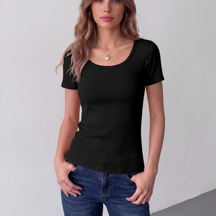 Womens Tops Short Sleeve Rib Knit Basic Tee Scoop Neck Fitted Shirt