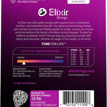 Elixir Strings, Acoustic Guitar Strings, 80/20 Bronze with POLYWEB Technology, Longest-Lasting Warm Tone with Comfortable Feel, 6 String Set, Medium 13-56