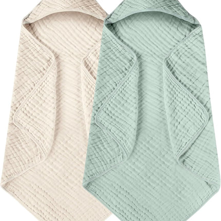 Yoofoss Hooded Baby Towels for Newborn 2 Pack 100% Muslin Organic Cotton Baby Bath Towel with Hood for Babies, Infant, Toddler and Kids, 32x32Inch, Soft and Absorbent Newborn Essential,Apricot&Green