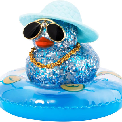wonuu Rubber Duck Car Ornament Dashboard Decorations with Swim Ring Sunglasses Hat and Necklace, B_Blue