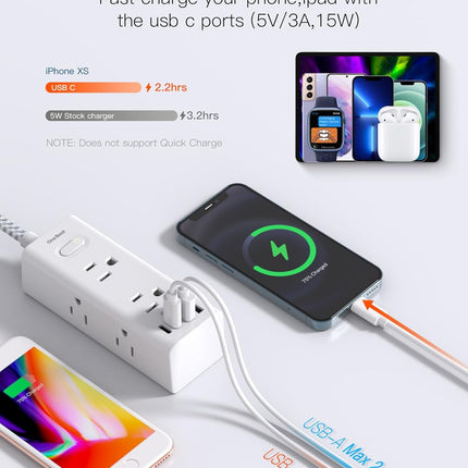 One Beat Short Extension Cord 1Ft, Flat Plug Power Strip Surge Protector - 6 Widely Outlets with 4 USB Ports (2 USB C), Wall Mount Small Power Strip for Travel, Home Office College Dorm Essentials