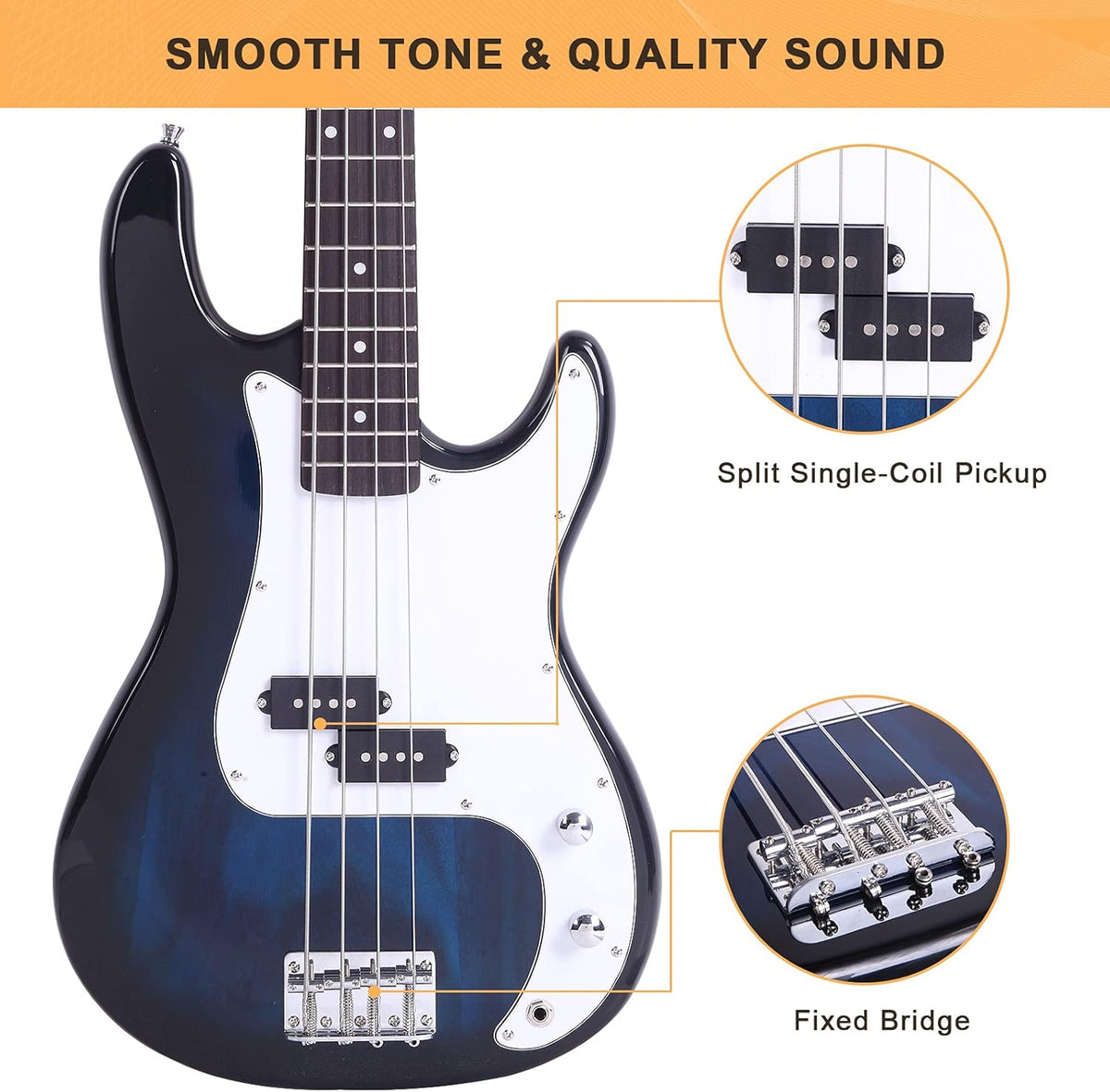 Full Size 4 String Electric Bass Guitar, Dark Blue Fire Style - photo 4