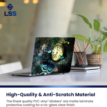 LSS 15 15.6 inch Laptop Notebook Skin Sticker Cover Art Decal Fits 13.3" 14" 15.6" 16" HP Dell Lenovo Apple Asus Acer Compaq (Free 2 Wrist Pad Included) Clock Butterfly