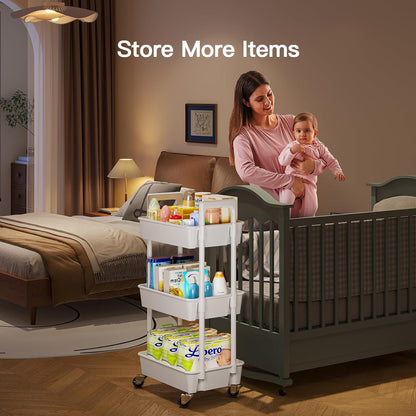 3-Tier White Plastic Rolling Utility Cart with Lockable Wheels - photo 3