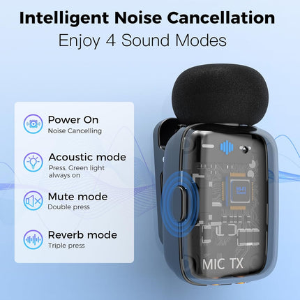 ZealSound Mini Microphone, Wireless Lavalier Mic for iPhone/iPad/Android, USB-C/Lightning, Noise Reduction, 33H Battery with Charging Case for Content Creators, TikTok & YouTube Videos - Transparent