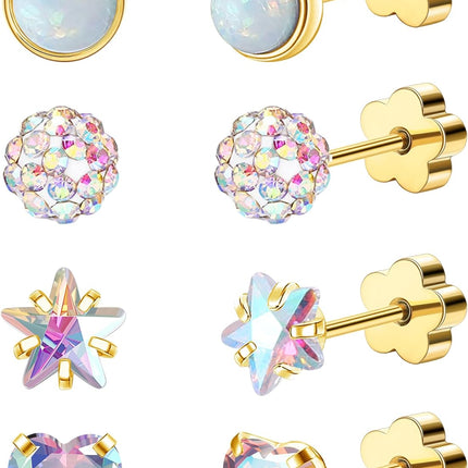 Enticera 4Pairs 14K Gold Stud Earrings for Women Girls 316L Stainless Steel Hypoallergenic Earrings 20G Flat Back Handmade Nap Earrings Cute Screw Back Opal Heart Star Cartilage Earrings