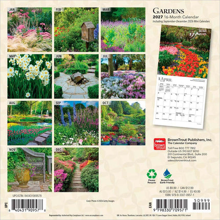 Gardens | 2027 7 x 14 Inch (Hanging) Monthly Mini Wall Calendar | BrownTrout | Gardening Outdoor Home
