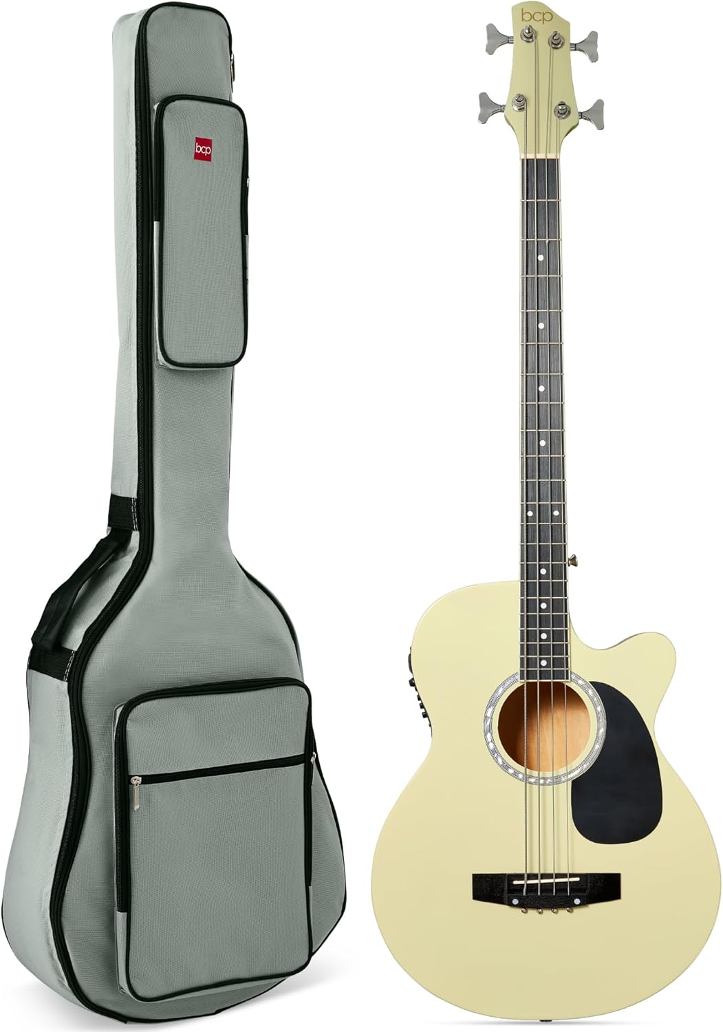 Cream White Full-Size 4-String Acoustic-Electric Bass Guitar with Padded Gig Bag