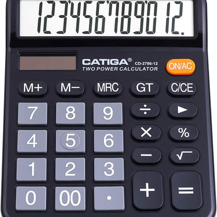 CATIGA 12 Digit Desk Calculator, Desktop Calculators with Large LCD Display & Big Buttons, Dual Power Solar & Battery, Standard Basic 4 Function Calculator for School, Office, Home