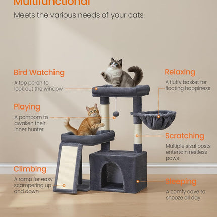 Feandrea Cat Tree, Cat Tower Condo with Scratching Posts and Ramp, 2 Large Perches, Cave, Basket, 33.8 Inches Tall, Dark Gray UPCT013GS02S