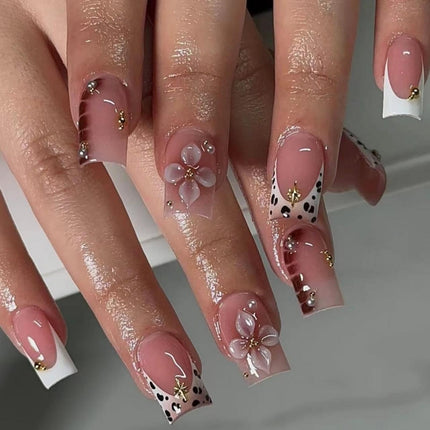 French Tips Press on Nails Medium Almond Nails Press on with 5D Flower Charm Design Glossy Brown Glue on Nails Water Ripple Rhinestones Fake Nail Reusable Fall Winter Nail for Women Manicure 24Pcs