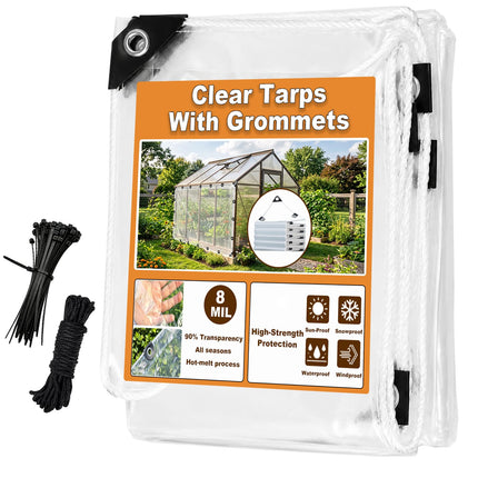 Clear Tarps Heavy Duty Waterproof, 8 Mil Transparent Vinyl Tarpaulin with Grommets, Ropes, Zip Ties Reinforced Edge, Tear-Resistant, Anti-UV for Greenhouse, Patio, Garden, Porch, Pavilion (4x6 FT)