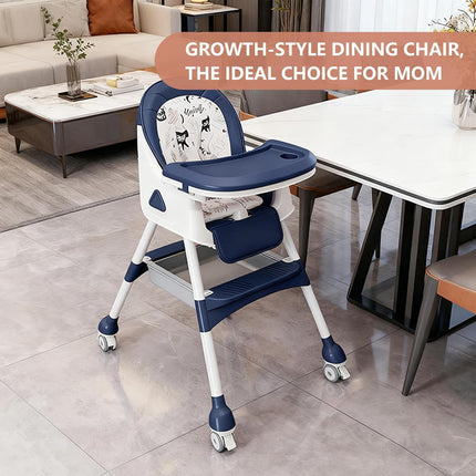 4-in-1 Baby High Chair for Babies & Toddlers, Foldable High Chair with Detachable PU Cushion, Removable Tray, Adjustable Height, Locking Wheels,Blue