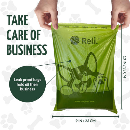 Reli. Biodegradable Dog Poop Bags Rolls (600 Pack, 40 Rolls) | 9"x13" Oxodegradable | Large Dog Poop Bags | Unscented, Leak Proof for Doggie/Pet Waste | Green Eco-Friendly | w/Leash Clip Holder