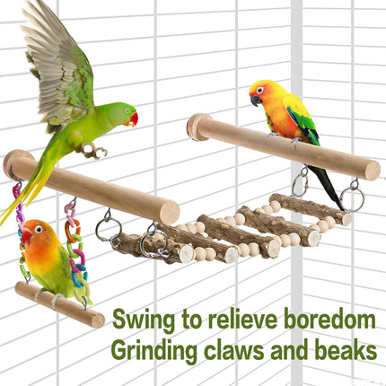 Bird Perches Ladder with Swing, Natural Wood Parrot Climbing Bridge Perch Toys,Wood Climbing Ladder for Parakeet, Exercise Play Stand Parakeet Cage Accessories for Budgie Conure Lovebird Canary,B