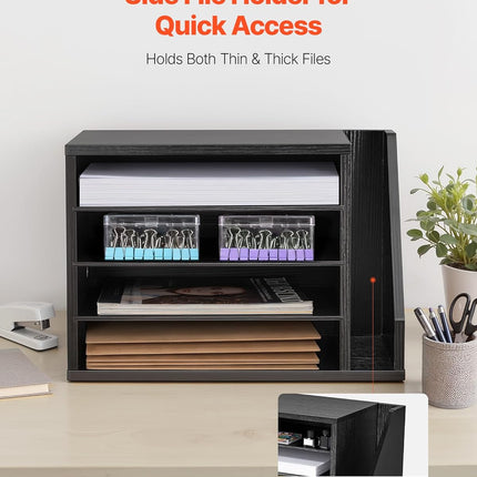 VEVOR Literature Organizer, 4 Compartments Office Mailbox with Detachable Shelves, Wooden Mailbox Sorter with Side Vertical Storage, Countertop Office Home Organizer for File, Document, Paper, Black