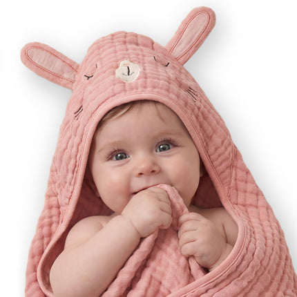 Muslin Baby Hooded Towel 2 Pack, Soft & Absorbent Bath Towel for Infant, Toddler, Unisex, Baby Gift, Newborn Essentials, Bear & Lamb