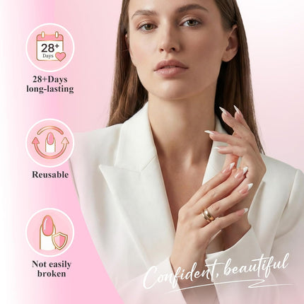 French Tip Press on Nails Medium Almond, Soft Gel Glossy Fake Nails Press on with Glue, 30Pcs Reusable Stick on Nails in 15 Sizes, Salon Quality False Nails for Women Spring Vacation DIY Gift
