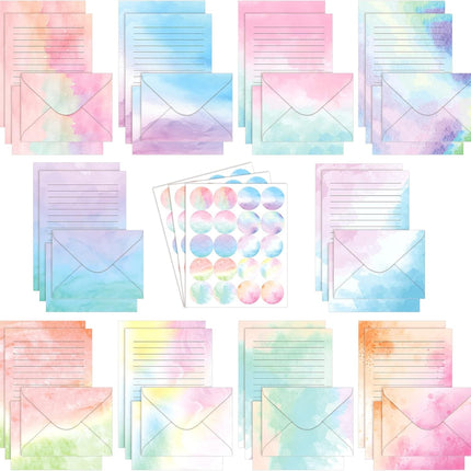 TaoBary 160 Pcs Stationery Paper Set 50 Double Sided Stationery Papers with 50 Matching Envelopes and 60 Round Dot Sticker, 10 Design(Watercolor,5.5 x 8.25 Inch)