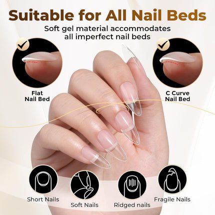UNA GELLA Almond Gel Nail Tips, 504PCS Pre Etched Clear Fake Nails Tips Medium Almond Shape - 12 Sizes Full Cover Soft Acrylic Press On Nail Extensions No C Curve Gift for Diy at Home