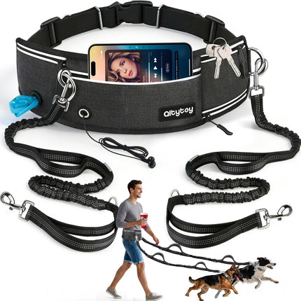 Hands Free Double Dog Leash for Two Dogs,240LB Heavy Duty Retractable with Partitioned Pouch Adjustable Waist for Walking Running Jogging Hiking Biking Training for Medium/Large(Not for＜25LBS)