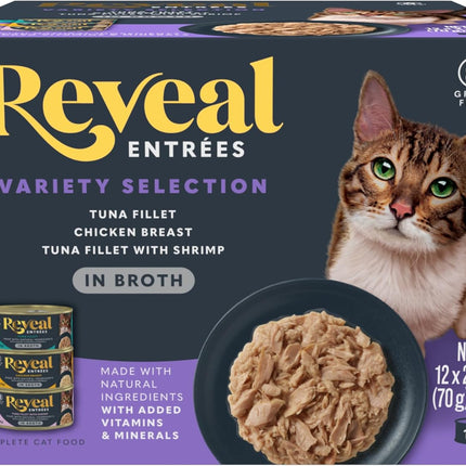 Reveal Entrées Natural Wet Cat Food, Grain-Free with Added Vitamins & Minerals, Carrageenan-Free and High Protein, Variety Selection in Broth (12 x 2.47 oz cans)