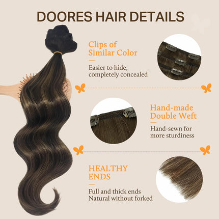 DOORES Clip in Hair Extensions Human Hair Extensions, Balayage Dark Brown to Chestnut Brown 120g 7pcs 18 Inch Real Human Hair Extensions Clip in Straight Remy Silky Weft