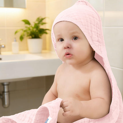 Toallas de baño con capucha para bebé de muselina, pack de 3, toallas ultrasuaves 100% algodón para recién nacidos, bebés y niños pequeños, 32x32 Inch, esenciales muy absorbentes y de secado rápido para la hora del baño, playa y piscina, serie rosa