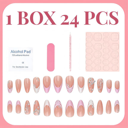 24Pcs Silver Rhinestones Press on Nails Medium Almond Fake Nails Butterfly Gems White French Tip Acrylic Nails Press Ons Flower Butterfly Nail Charms Floral Stick On Nails Artificial Nails for Women