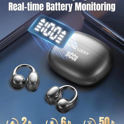 King Lucky Clip-On Earbuds Gen 3, Open-Ear Wireless Bluetooth 6.0 Headphones with Mic, Secure Fit for Small Ears & Glasses Wearers, 50H Playtime, LED Digital Display, ENC, IPX5 Waterproof(Balck)