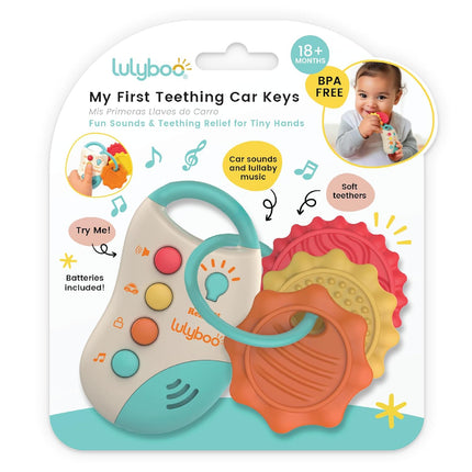 Lulyboo My First Teething Car Keys: BPA-Free Silicone teether with Soft Textures, Gentle Gum Relief, Light-up Button and car Sounds. Easy-Grasp Key fob and Lightweight Rings for Developmental Play