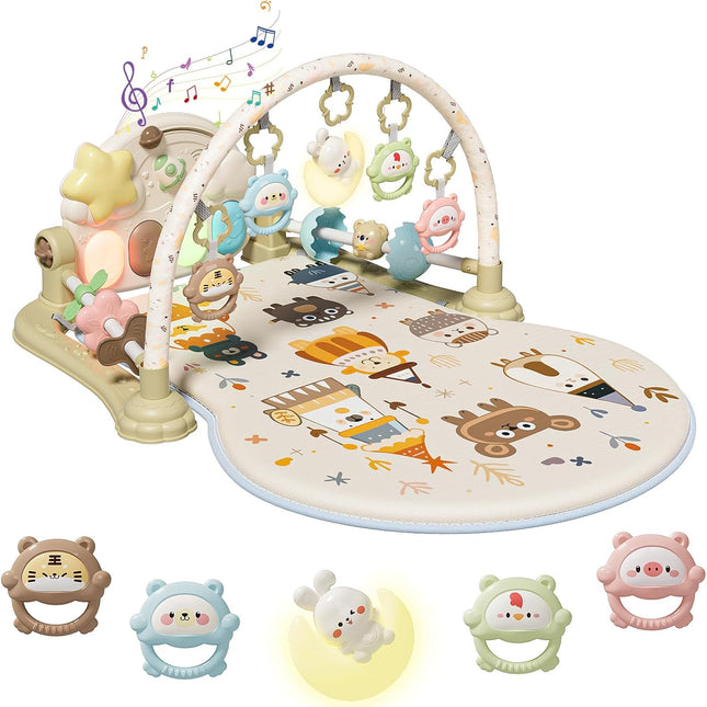 Baby Play Gym Mat - Funny Play Piano Activity Playmat with 5 Infant Learning Detachable Toys for Sensory Development
