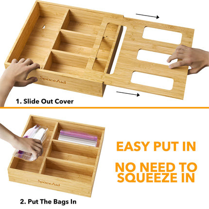 Bag Storage Organizer for Kitchen Drawer, Bamboo Organizer, Compatible with Gallon, Quart, Sandwich and Snack Variety Size Bag (1 Box 4 Slots)