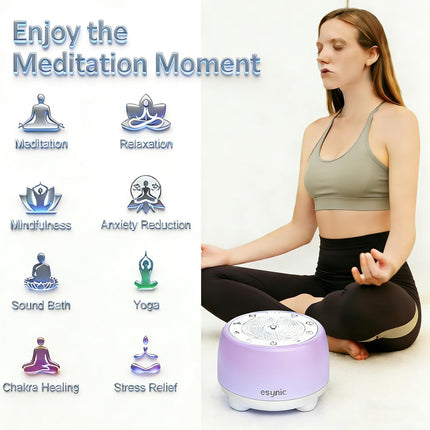 eSynic Rechargeable Tibetan Singing Bowl for Meditation-38 Sounds White Noise Machine with Night Light & 30H Battery-15-90 Timer-Wireless-Sound Healing Device for Yoga Sleep Therapy Stress Relief