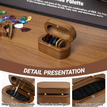 Guitar Pick Holder Set with 2 Color Wood Picks and 8 Celluloid Picks in 3 Thicknesses, Wooden Guitar Pick Case, Mini Jewelry Box, Guitar Music Accessories for Guitar Lover Player