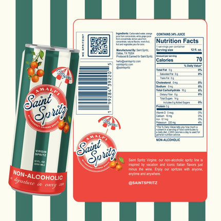 Virgin Amalfi Spritz (12-Pack) – Bittersweet Orange Non-Alcoholic Spritz in a Can – Natural Juice, Lightly Sparkling Italian-Inspired Aperitif Drink – Premium Non Alcoholic Drinks & Spirits – Saint Spritz Virgins