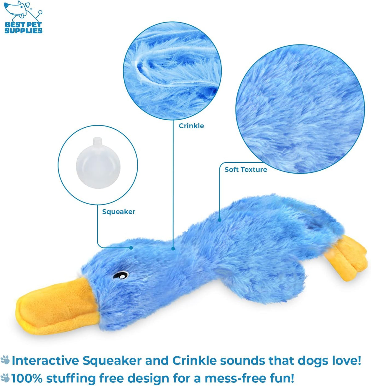 Interactive Squeaky Dog Chew Toy - Blue Crinkle Duck, Large - photo 3