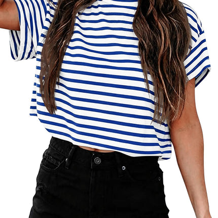 Camisetas cortas de manga corta para mujer, cuello redondo, top básico de verano